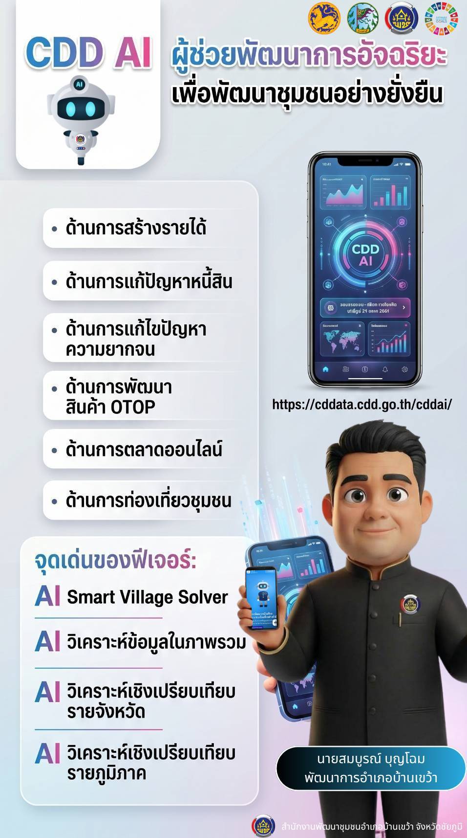 สพอ.บ้านเขว้า : เชิญชวนใช้ CDD AI" นวัตกรรมล้ำสมัย ยกระดับงานพัฒนาชุมชนสู่ยุคดิจิทัล! "CDD AI" ผู้ช่วยอัจฉริยะ เพื่องานพัฒนาชุมชน 24 ชั่วโมง